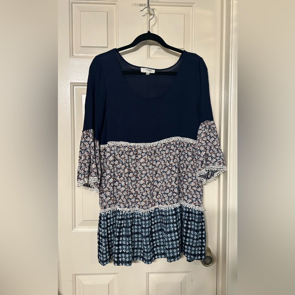 Umgee Navy Blue Tiered Mini Dress with Floral and Geometric Panels